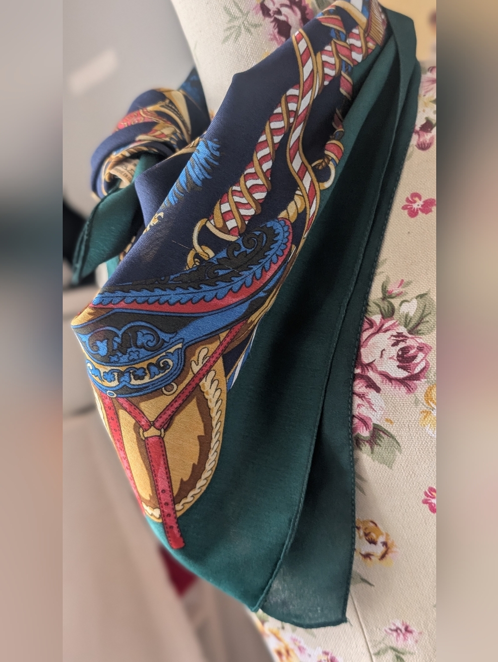 OLGA Greco Printed Scarf in Navy, Emerald & Gold - Picture 3 of 10